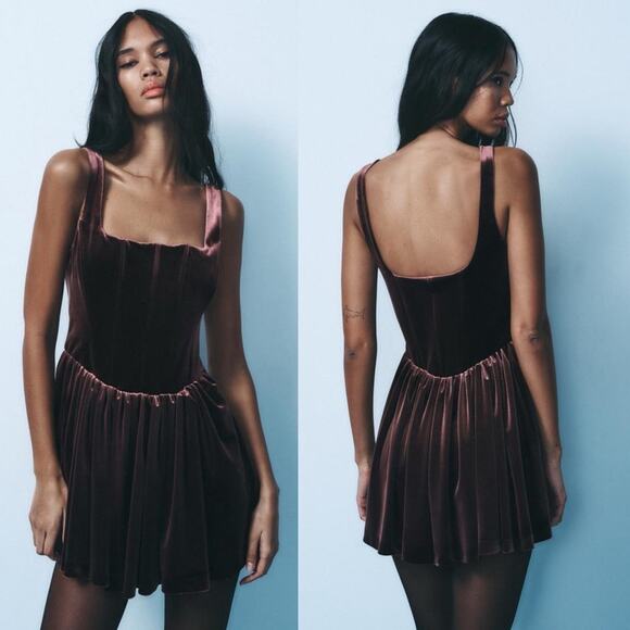 Zara Crushed Velvet Ruched Corset Dress - Picture 1 of 11